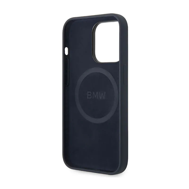 BMW „Liquid Silicone“ dėklas su metaliniu logotipu ir „MagSafe“ palaikymu – dėklas „iPhone 14 Pro Max“ (tamsiai mėlynas)