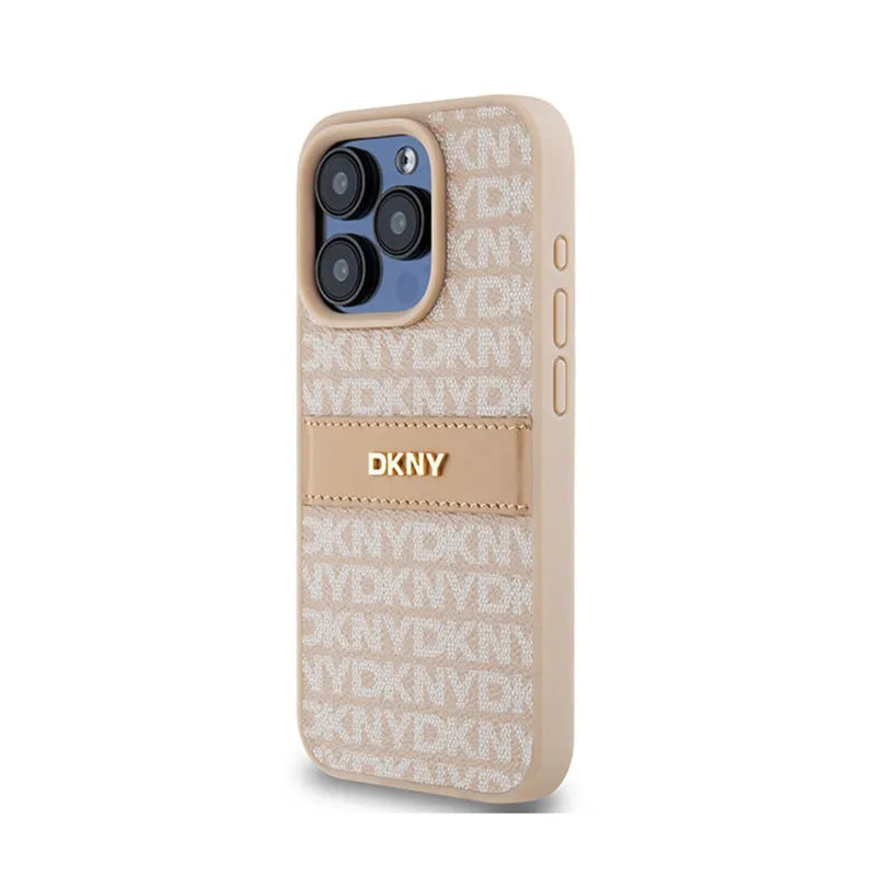 DKNY Leather Mono Stripe & Metal Logo – „iPhone 15 Pro“ dėklas (rožinis)