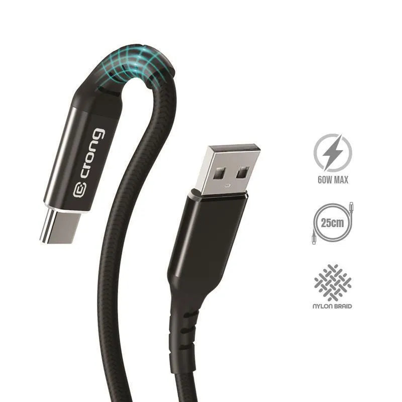 Crong Armor Link – 60W PD 3A USB-A į USB-C laidas 25 cm (juodas)