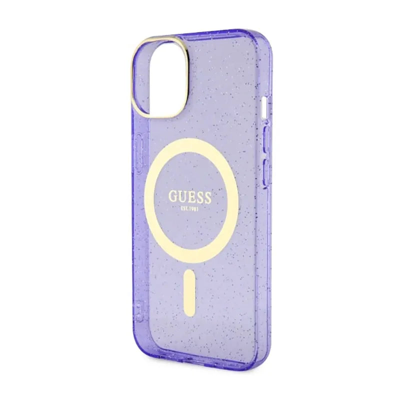 Guess Glitter Gold MagSafe – dėklas iPhone 14 Plus (violetinis)
