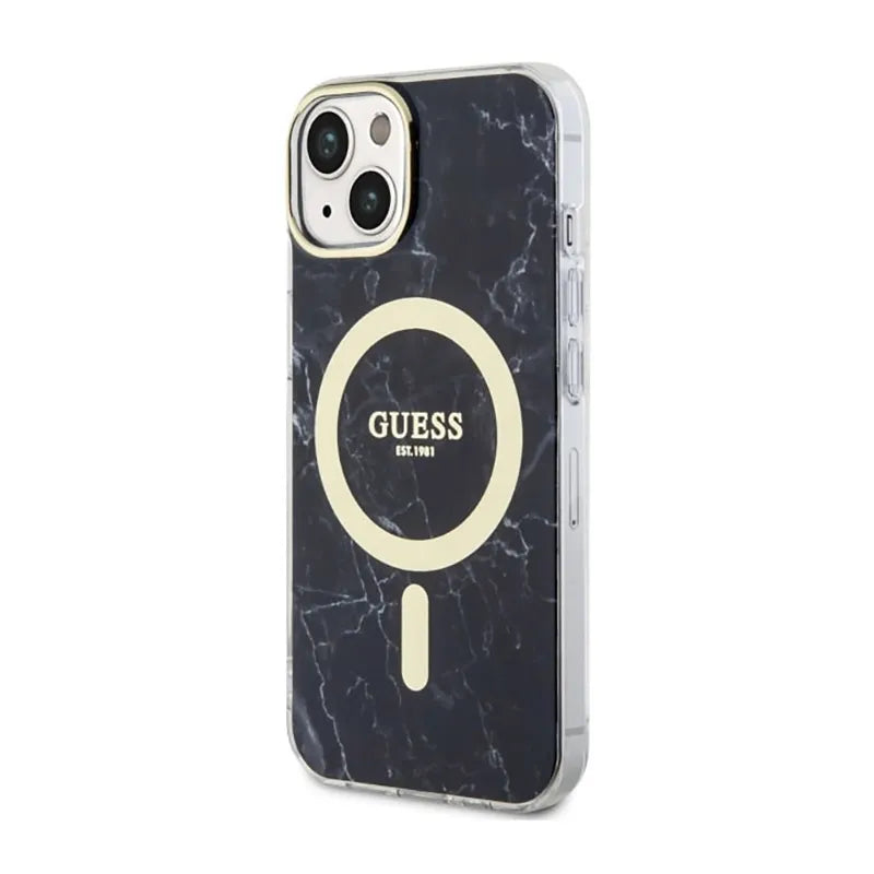 Guess Marble MagSafe – dėklas iPhone 14 (juodas)