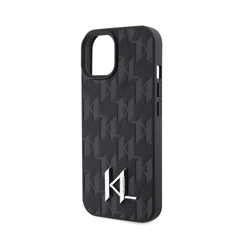 Karl Lagerfeld Leather Monogram Hot Stamp Metal Logo – dėklas iPhone 15 telefonui (juodas)