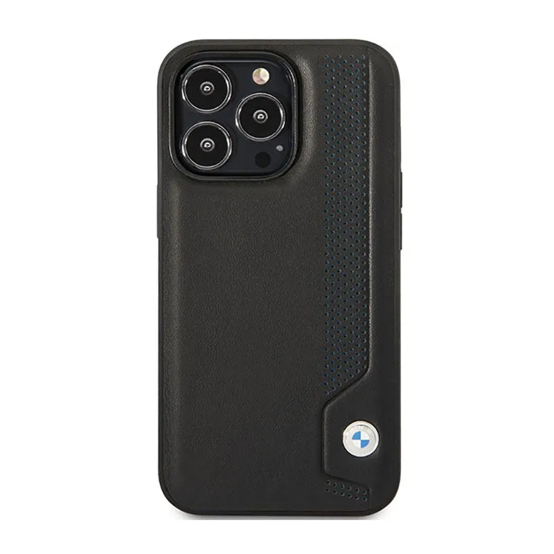 BMW Leather Blue Dots – Dėklas iPhone 14 Pro (juodas)