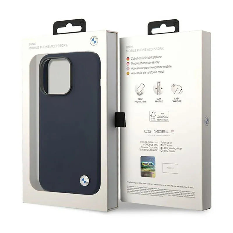BMW „Liquid Silicone“ dėklas su metaliniu logotipu ir „MagSafe“ palaikymu – dėklas „iPhone 14 Pro Max“ (tamsiai mėlynas)