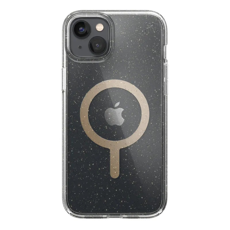 Speck Presidio Perfect-Clear with Glitter + MagSafe – iPhone 15 Plus / 14 Plus dėklas su MICROBAN danga (skaidrus / auksiniai blizgučiai)