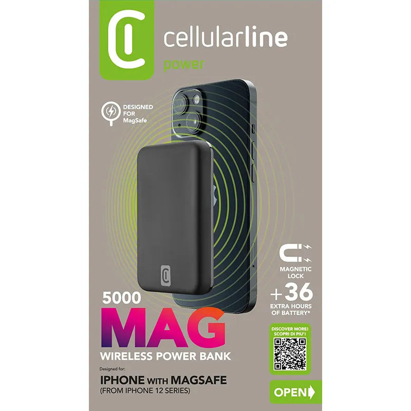 Cellularline MAG 5000 - 5000mAh 7.5W MagSafe indukcinė išorinė baterija (juoda)