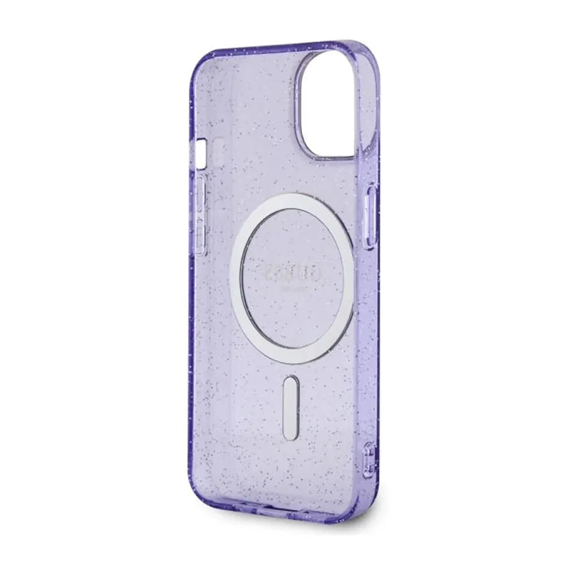 Guess Glitter Gold MagSafe – dėklas iPhone 14 Plus (violetinis)