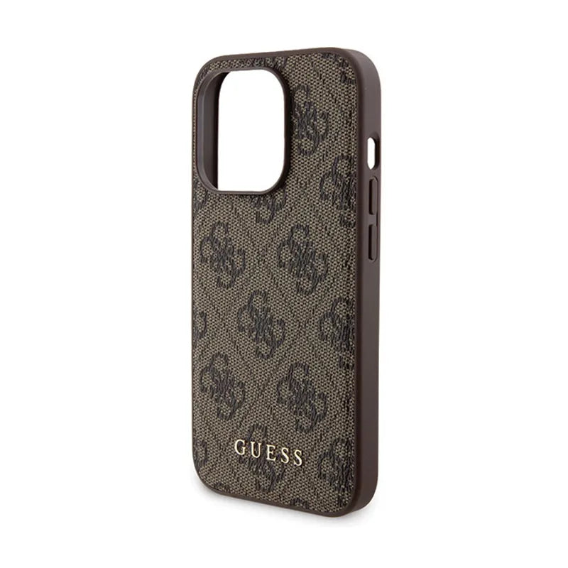 Guess rinkinys MagSafe 4G Metal Gold Logo – dėklas + 5000mAh MagSafe išorinis akumuliatorius, skirtas iPhone 15 Pro (rudas)