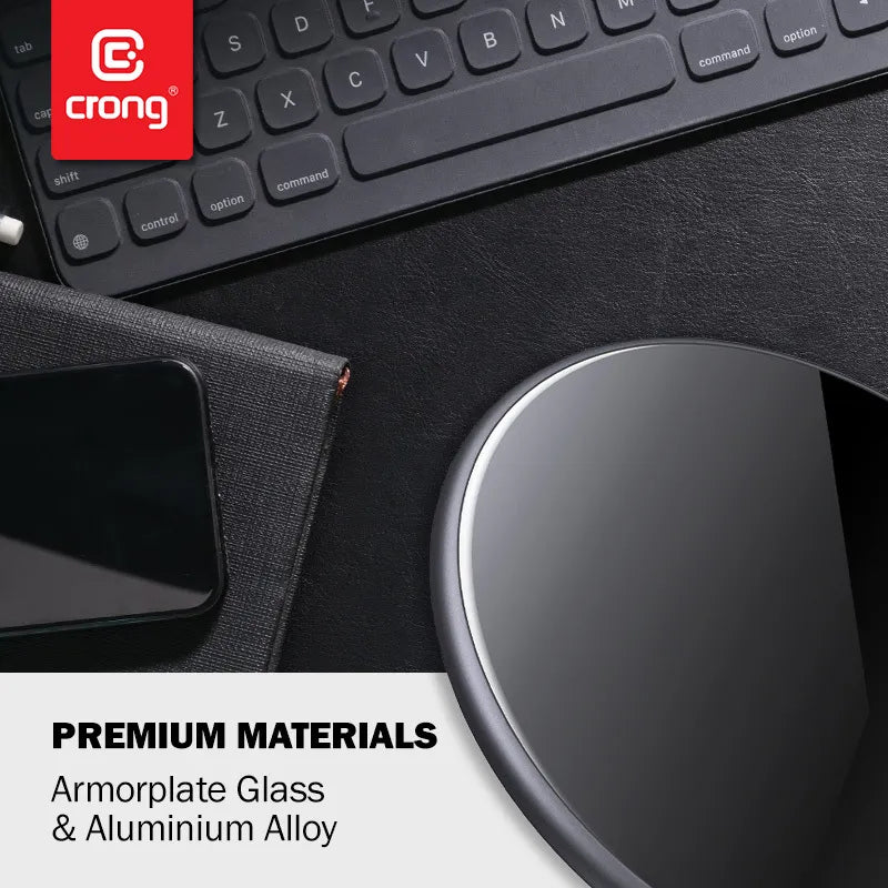 „Crong PowerSpot“ greitasis belaidis įkroviklis – 15 W aliumininis USB-C „Qi“ belaidis įkroviklis su grūdinto stiklo danga (Shadow Black)