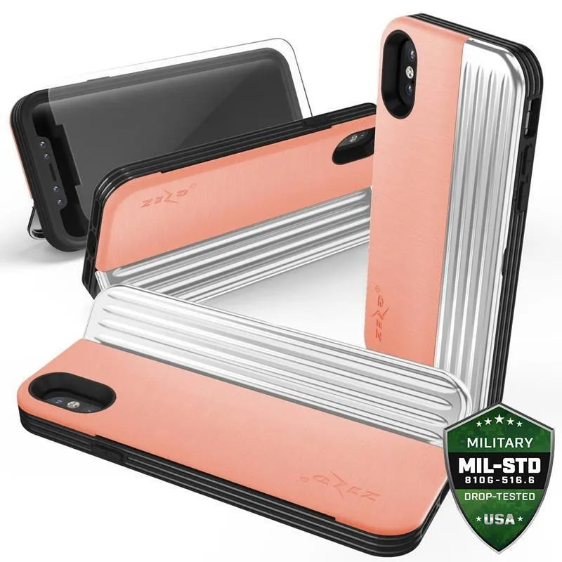 Zizo Retro serija – piniginės tipo nugarėlė su magnetiniu užsegimu ir įmontuotu stovu, skirta iPhone Xs / X (persikine/sidabrine spalva)