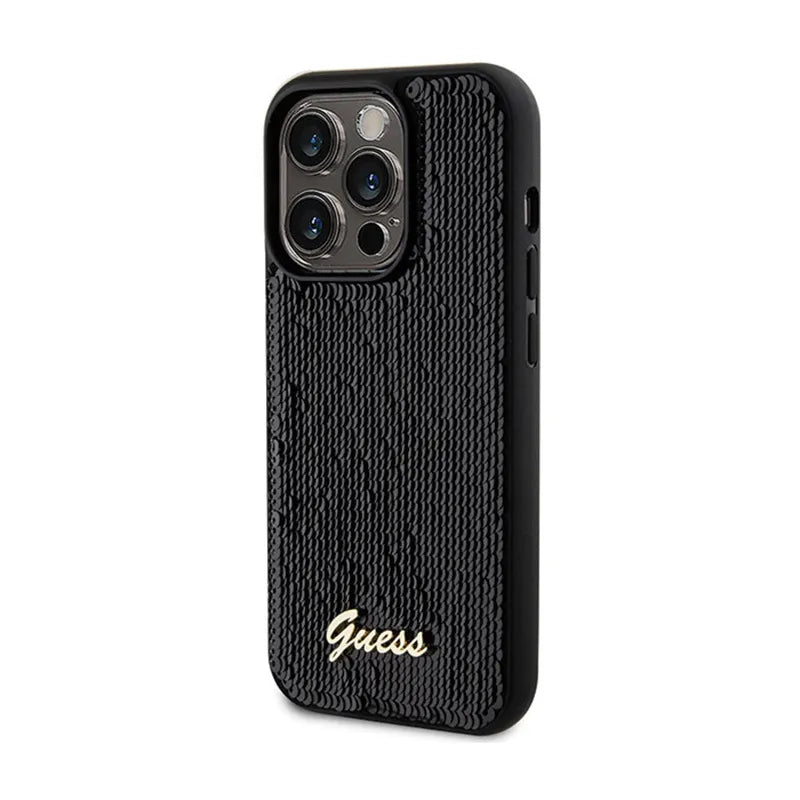 Guess Sequin Script Metal dėklas, skirtas iPhone 13 Pro (juodas)