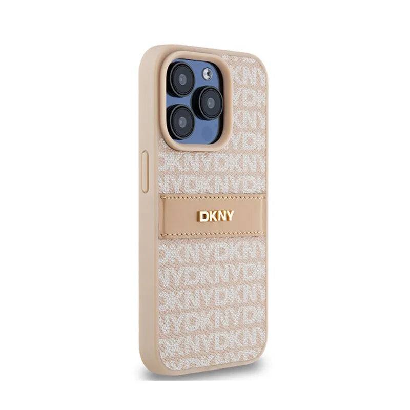 DKNY Leather Mono Stripe & Metal Logo – „iPhone 15 Pro“ dėklas (rožinis)