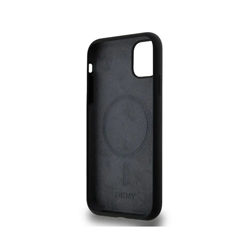 DKNY Liquid Silicone White Printed Logo MagSafe – dėklas iPhone 11 (juodas)
