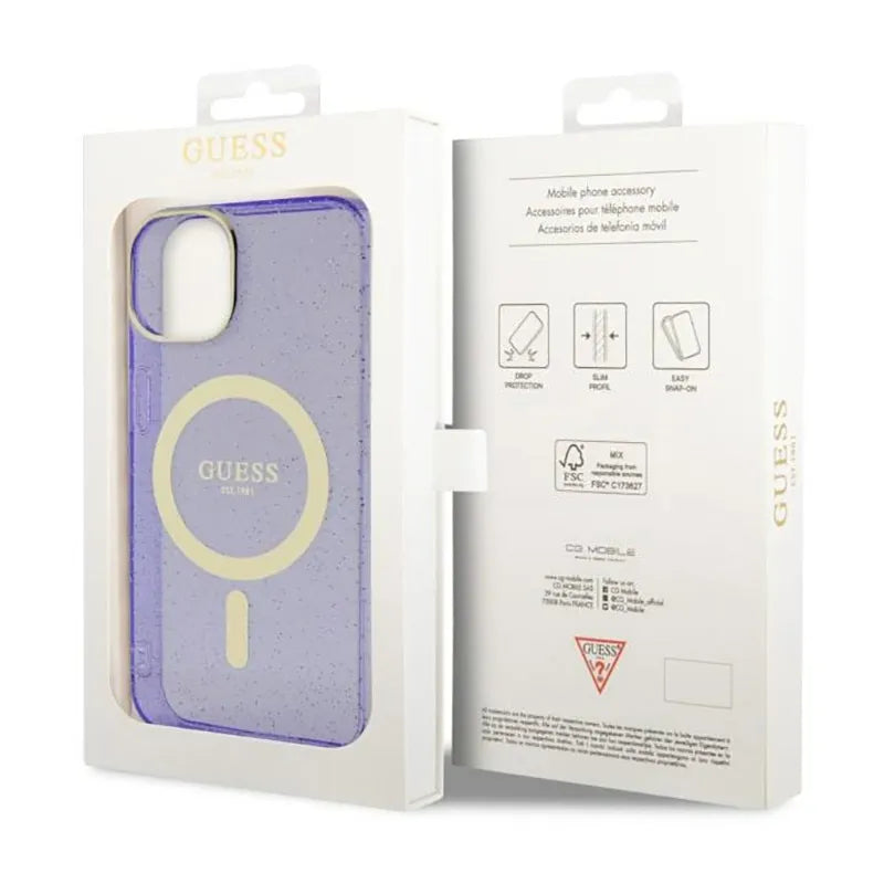Guess Glitter Gold MagSafe – dėklas iPhone 14 Plus (violetinis)