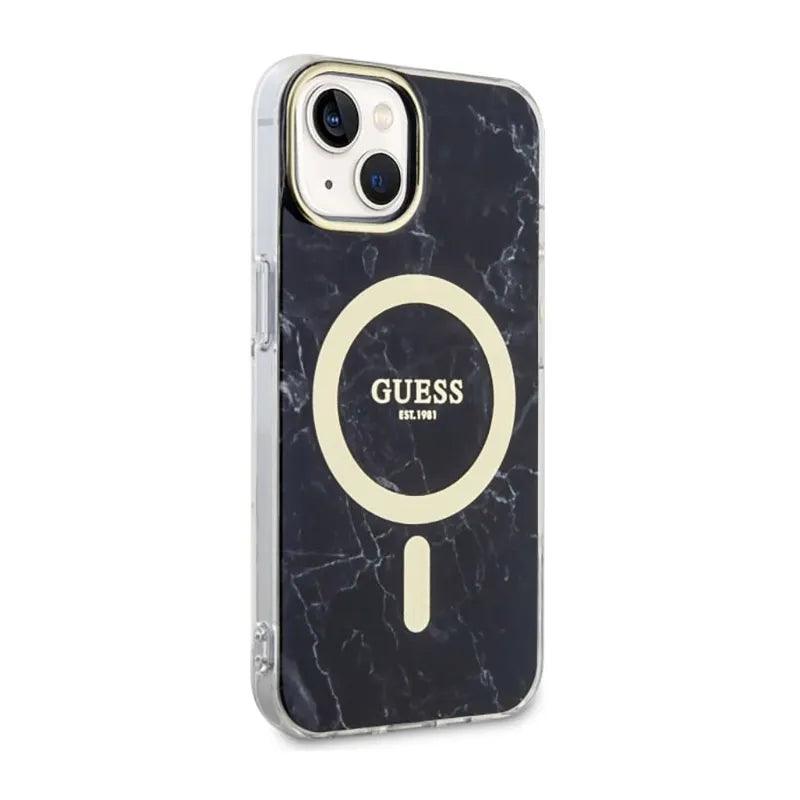 Guess Marble MagSafe – dėklas iPhone 14 (juodas)