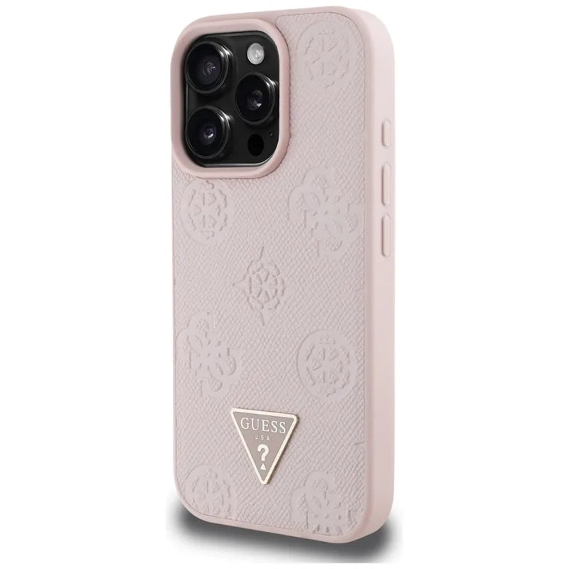 Guess Grained Hot Stamp Peony Triangle Logo MagSafe – Dėklas iPhone 16 Pro (rožinis)