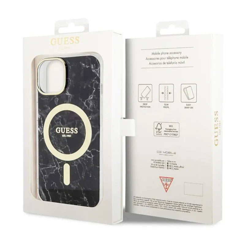 Guess Marble MagSafe – Dėklas iPhone 14 Plus (juodas)