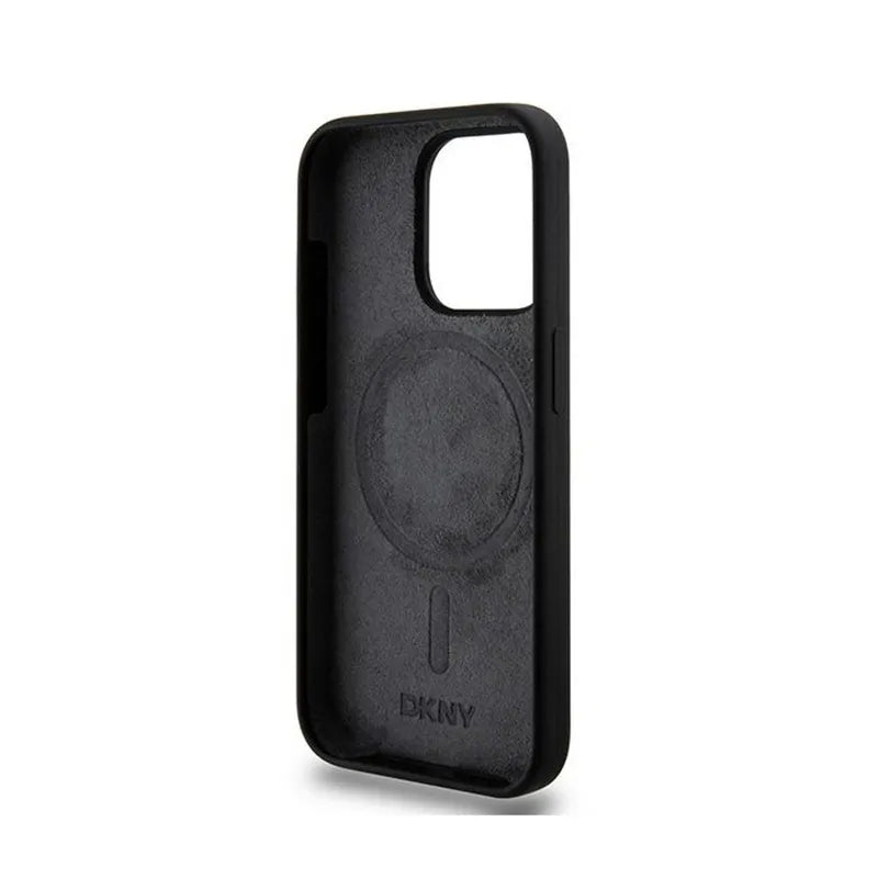 DKNY Liquid Silicone White Printed Logo MagSafe – dėklas iPhone 15 Pro (juodas)