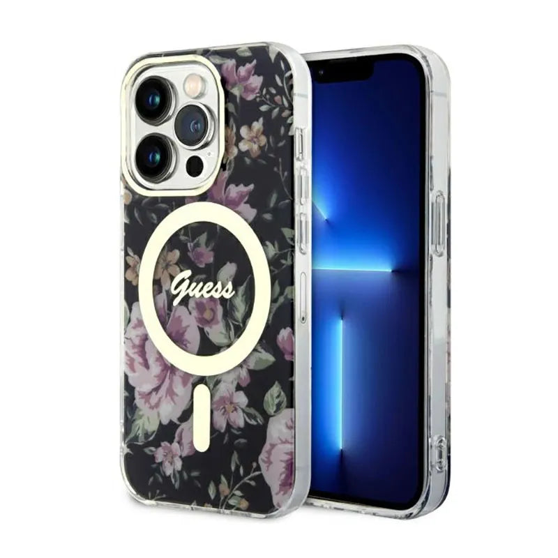 Guess Flower MagSafe – dėklas, skirtas iPhone 14 Pro (juodas)