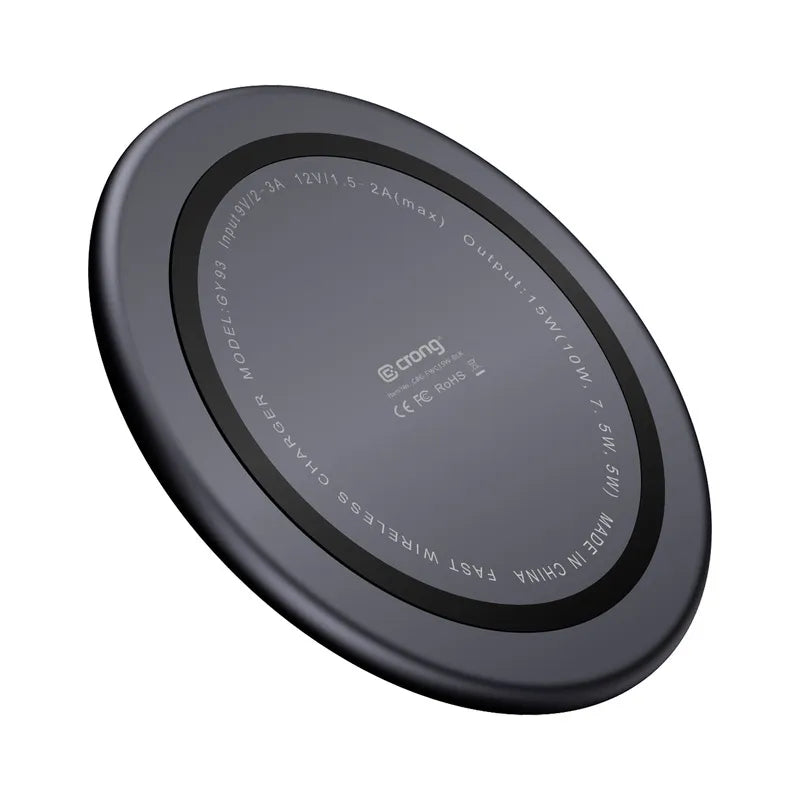 „Crong PowerSpot“ greitasis belaidis įkroviklis – 15 W aliumininis USB-C „Qi“ belaidis įkroviklis su grūdinto stiklo danga (Shadow Black)