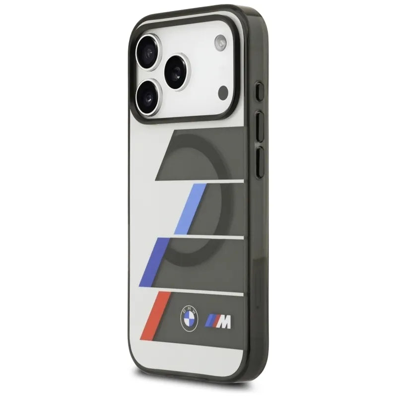 BMW M IML Metal Buttons Tricolor Lines MagSafe – dėklas iPhone 17 Pro Max (antracito spalvos)