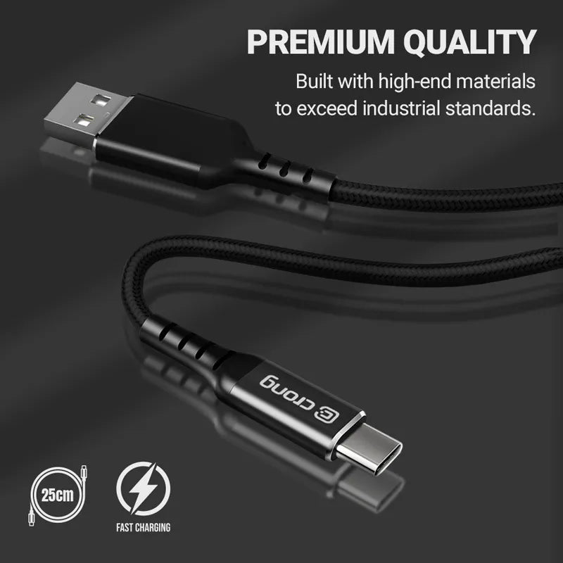 Crong Armor Link – 60W PD 3A USB-A į USB-C laidas 25 cm (juodas)