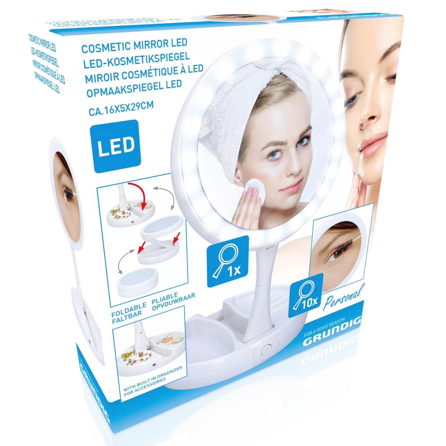 Grundig kosmetinis veidrodis su 12 LED, sulankstomas, 10× / 1× 871125213983