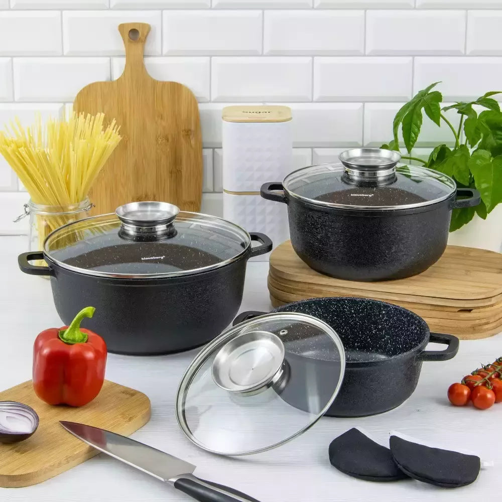 Klausberg puodų rinkinys 12 dalių juodas su marmuro danga KB-7360