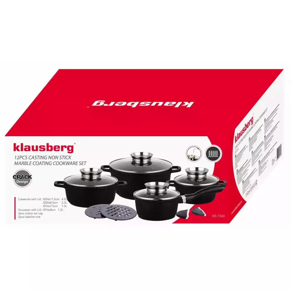 Klausberg puodų rinkinys 12 dalių juodas su marmuro danga KB-7360