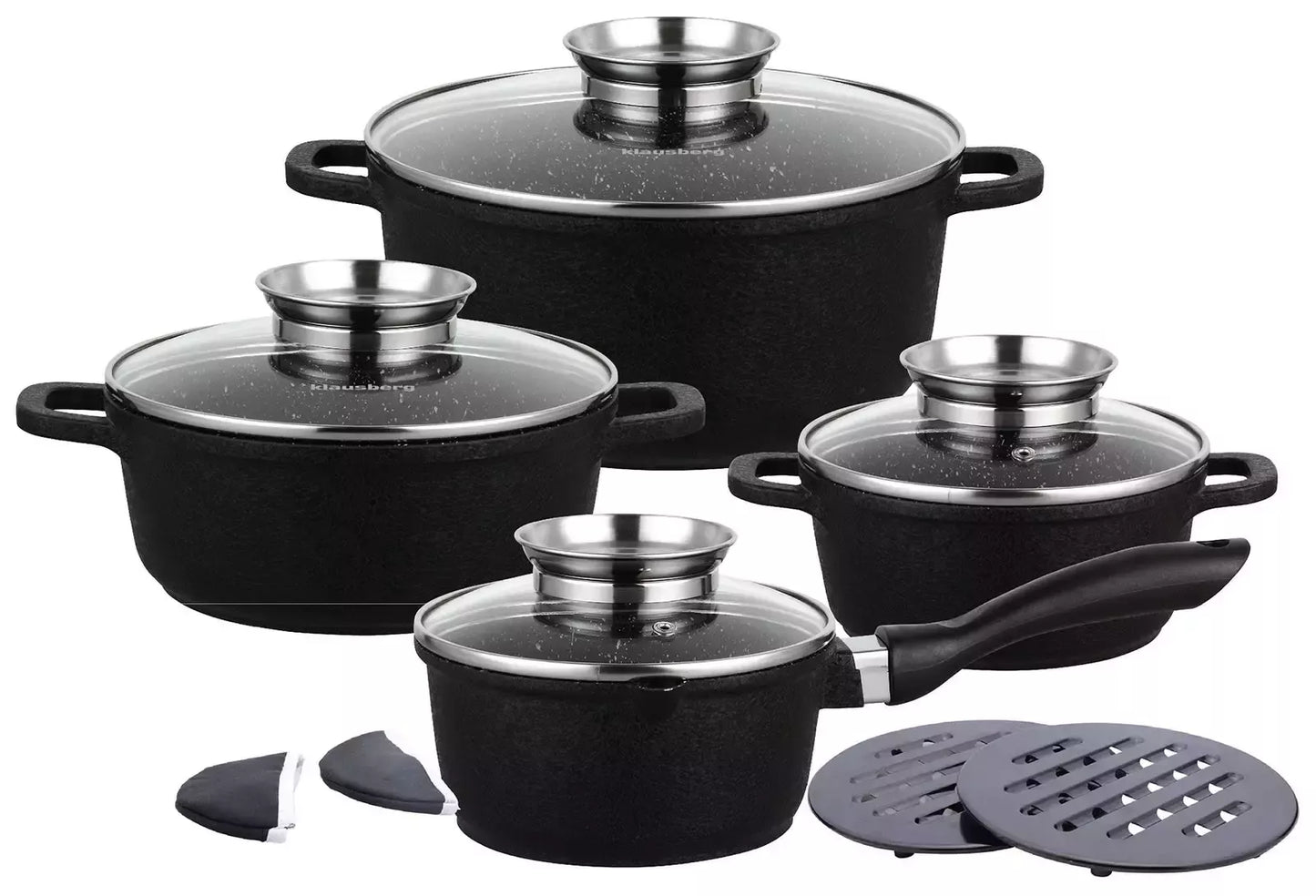 Klausberg puodų rinkinys 12 dalių juodas su marmuro danga KB-7360