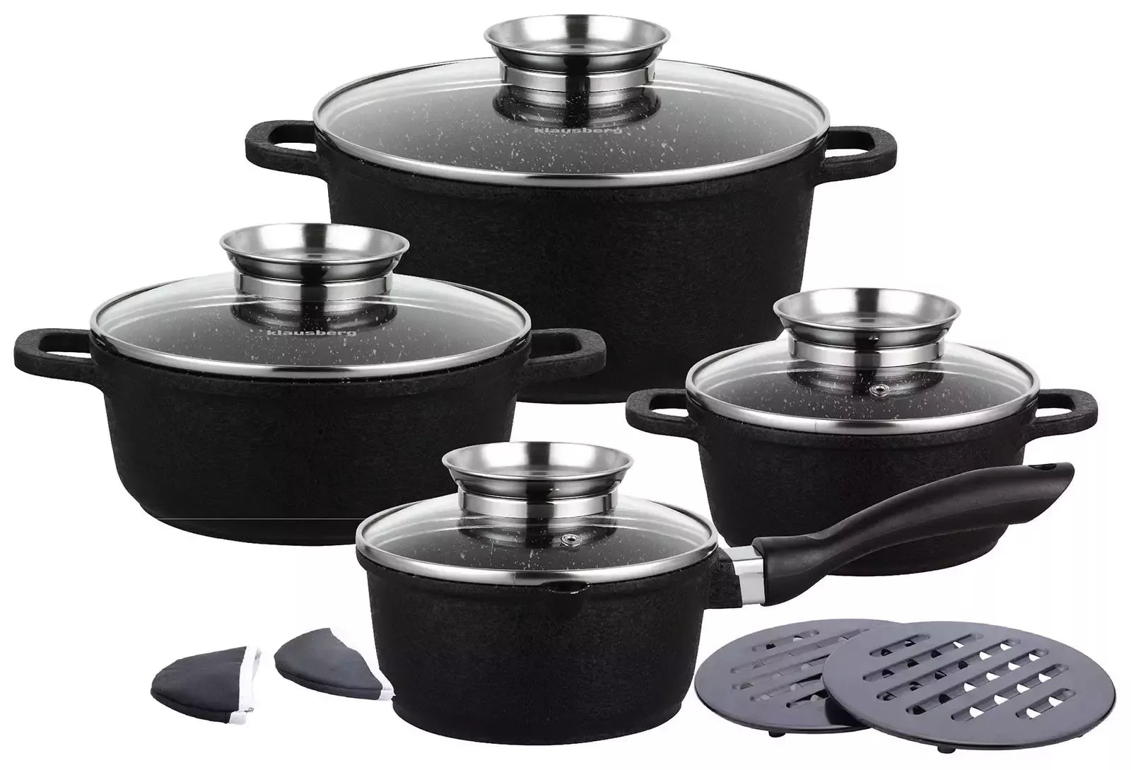 Klausberg puodų rinkinys 12 dalių juodas su marmuro danga KB-7360