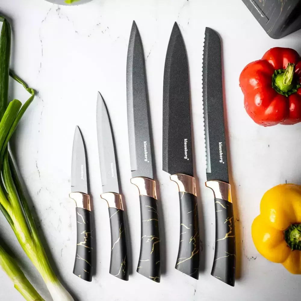 Klausberg virtuvinių peilių rinkinys su stovu, 5 dalių, juodas su rudos spalvos elementais KB-7768