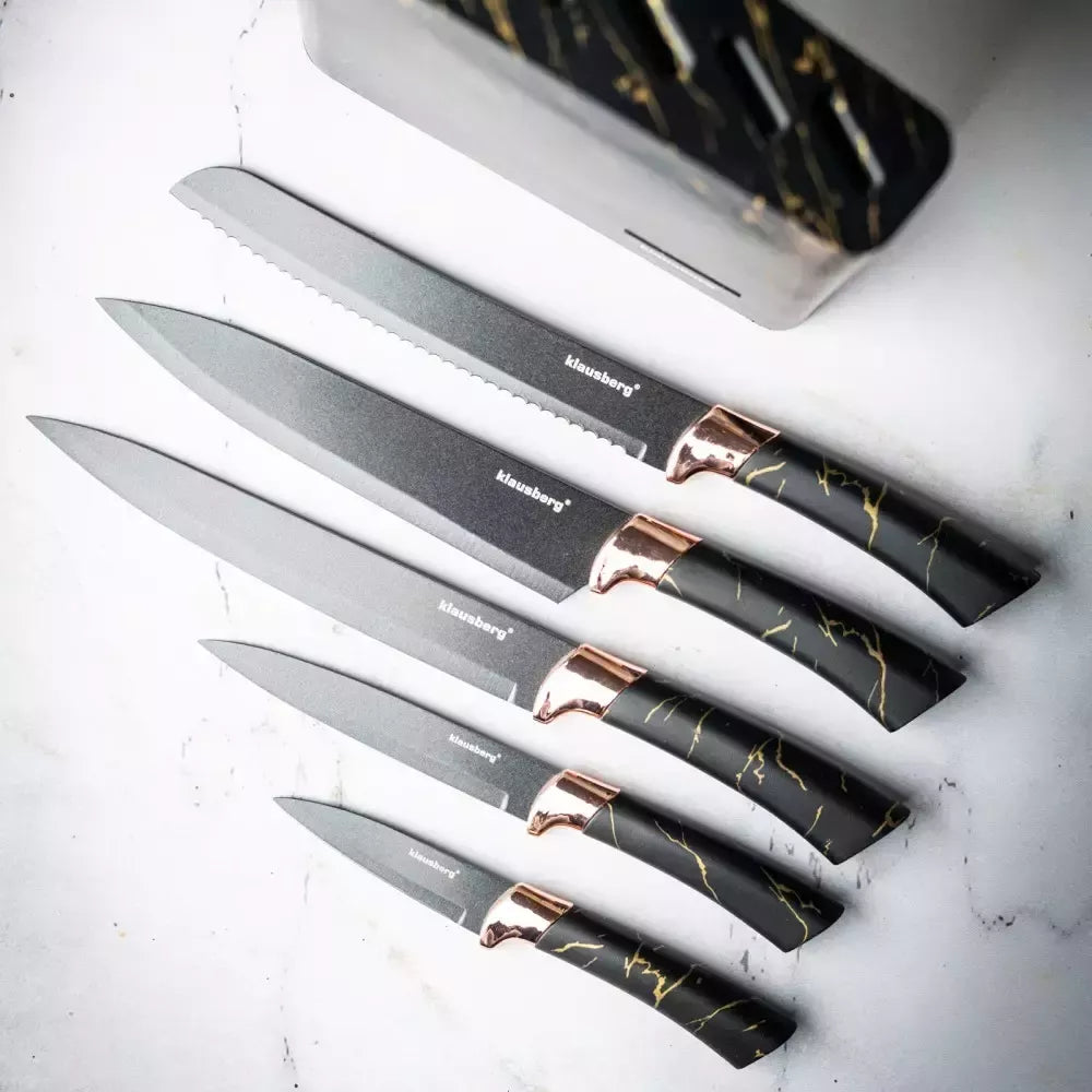 Klausberg virtuvinių peilių rinkinys su stovu, 5 dalių, juodas su rudos spalvos elementais KB-7768