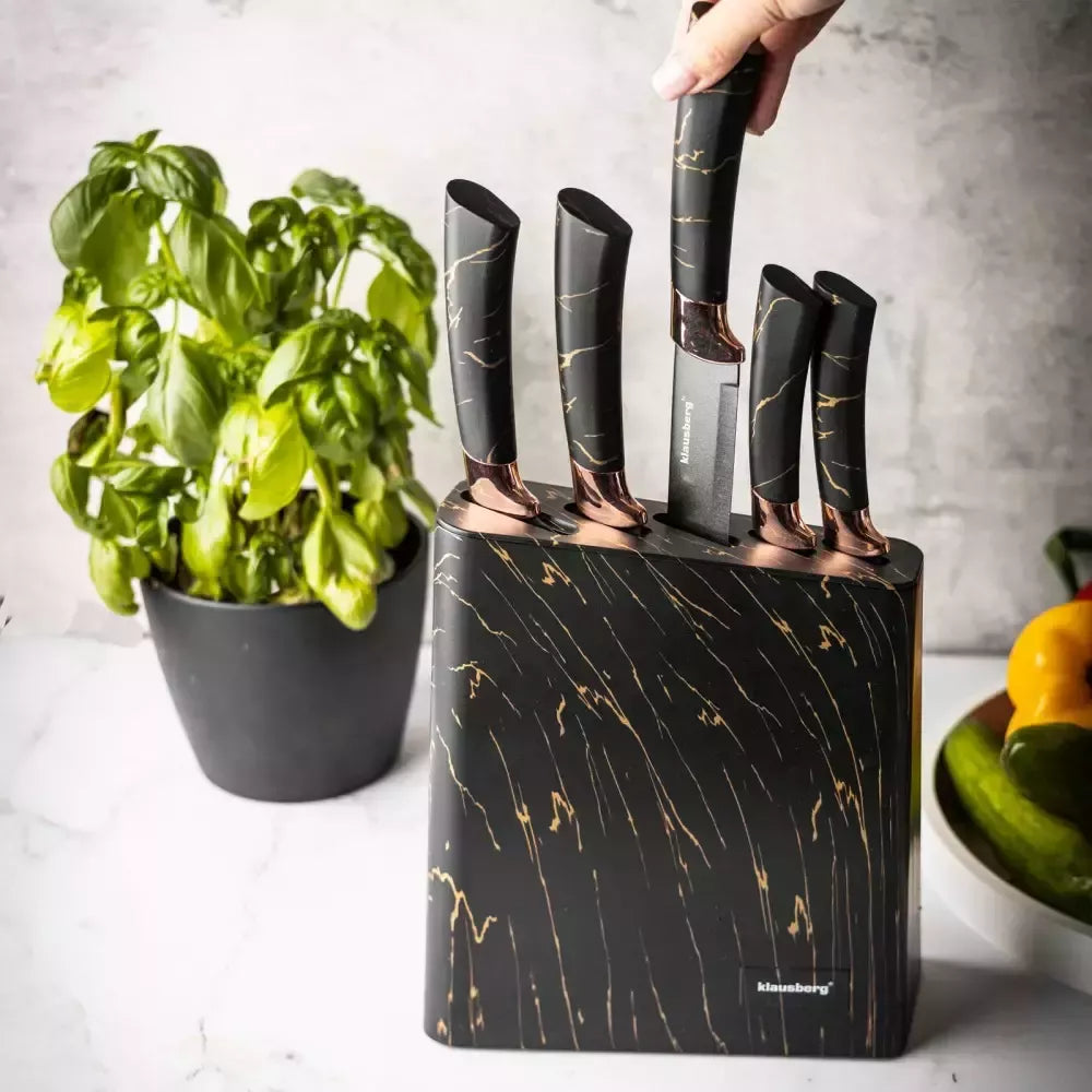 Klausberg virtuvinių peilių rinkinys su stovu, 5 dalių, juodas su rudos spalvos elementais KB-7768