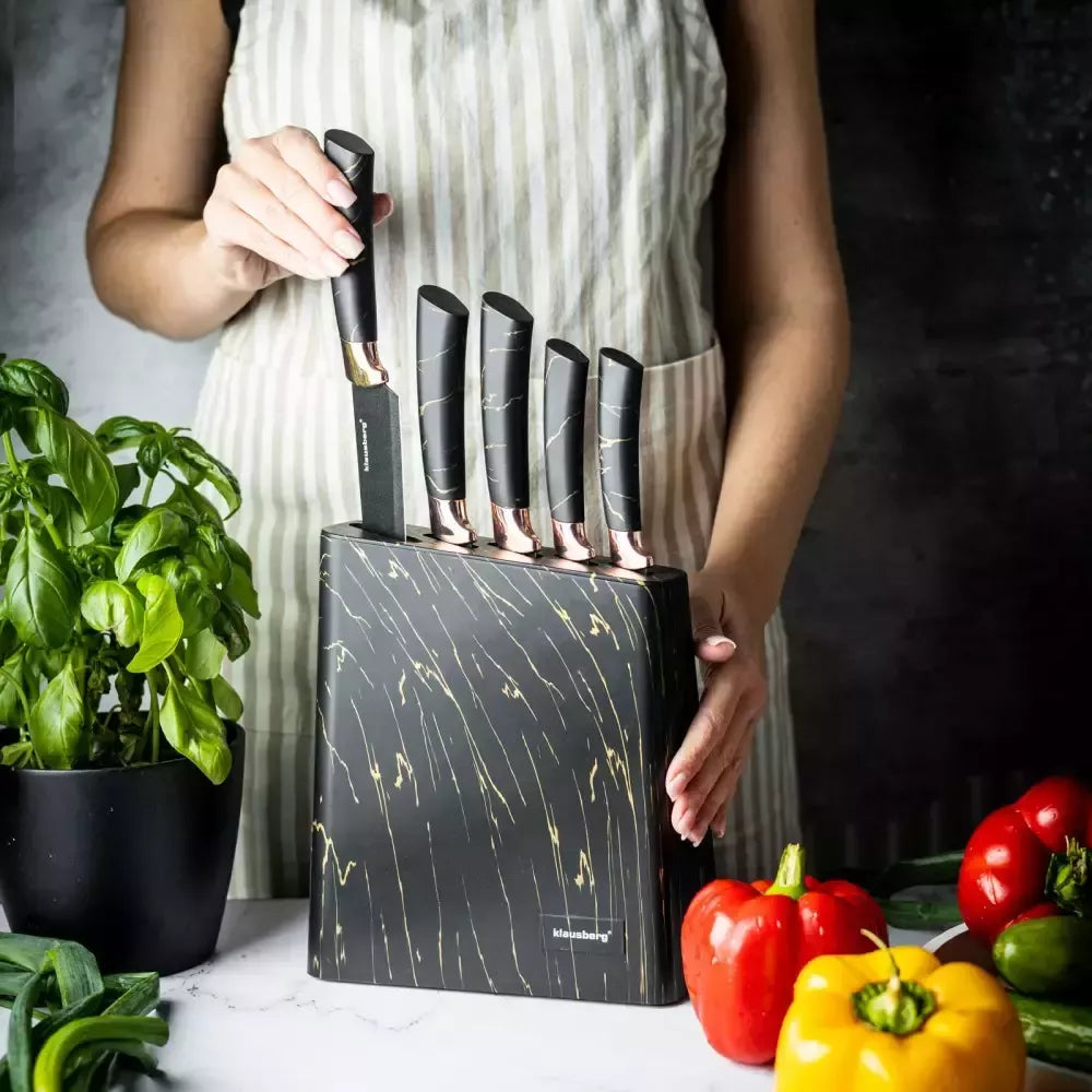 Klausberg virtuvinių peilių rinkinys su stovu, 5 dalių, juodas su rudos spalvos elementais KB-7768