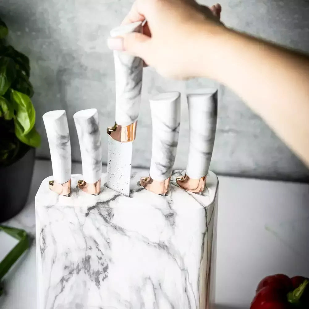 Klausberg virtuvinių peilių rinkinys su stovu, 5 dalių, baltas su rudos spalvos elementais KB-7769