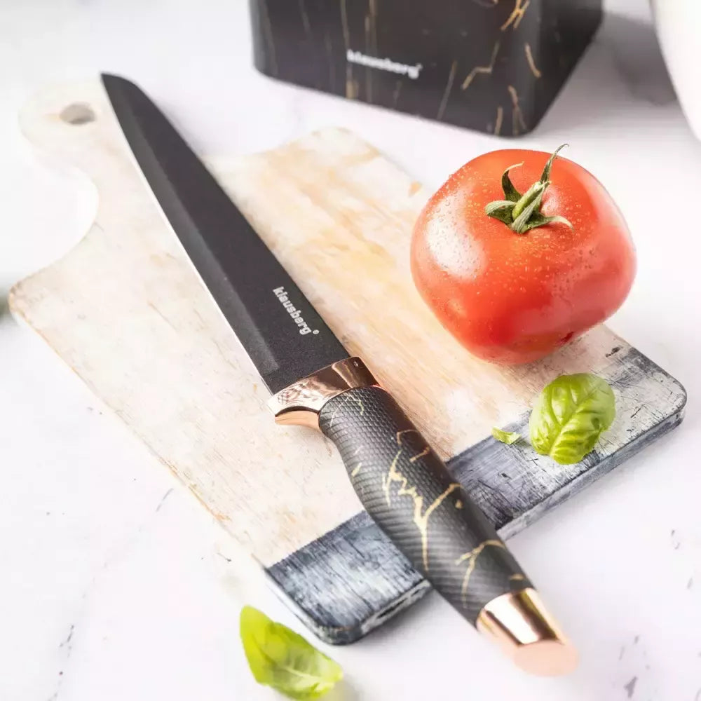 Klausberg virtuvinių peilių rinkinys su stovu ir žirklėmis, 6 dalių, juodas su rudos spalvos elementais KB-7770