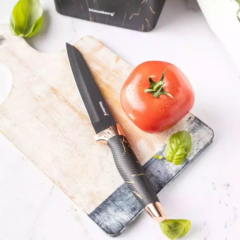 Klausberg virtuvinių peilių rinkinys su stovu ir žirklėmis, 6 dalių, juodas su rudos spalvos elementais KB-7770