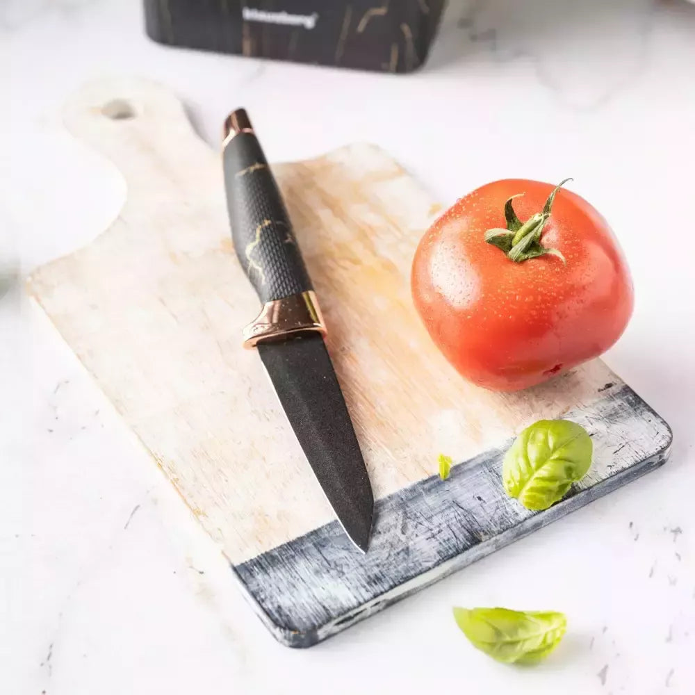 Klausberg virtuvinių peilių rinkinys su stovu ir žirklėmis, 6 dalių, juodas su rudos spalvos elementais KB-7770