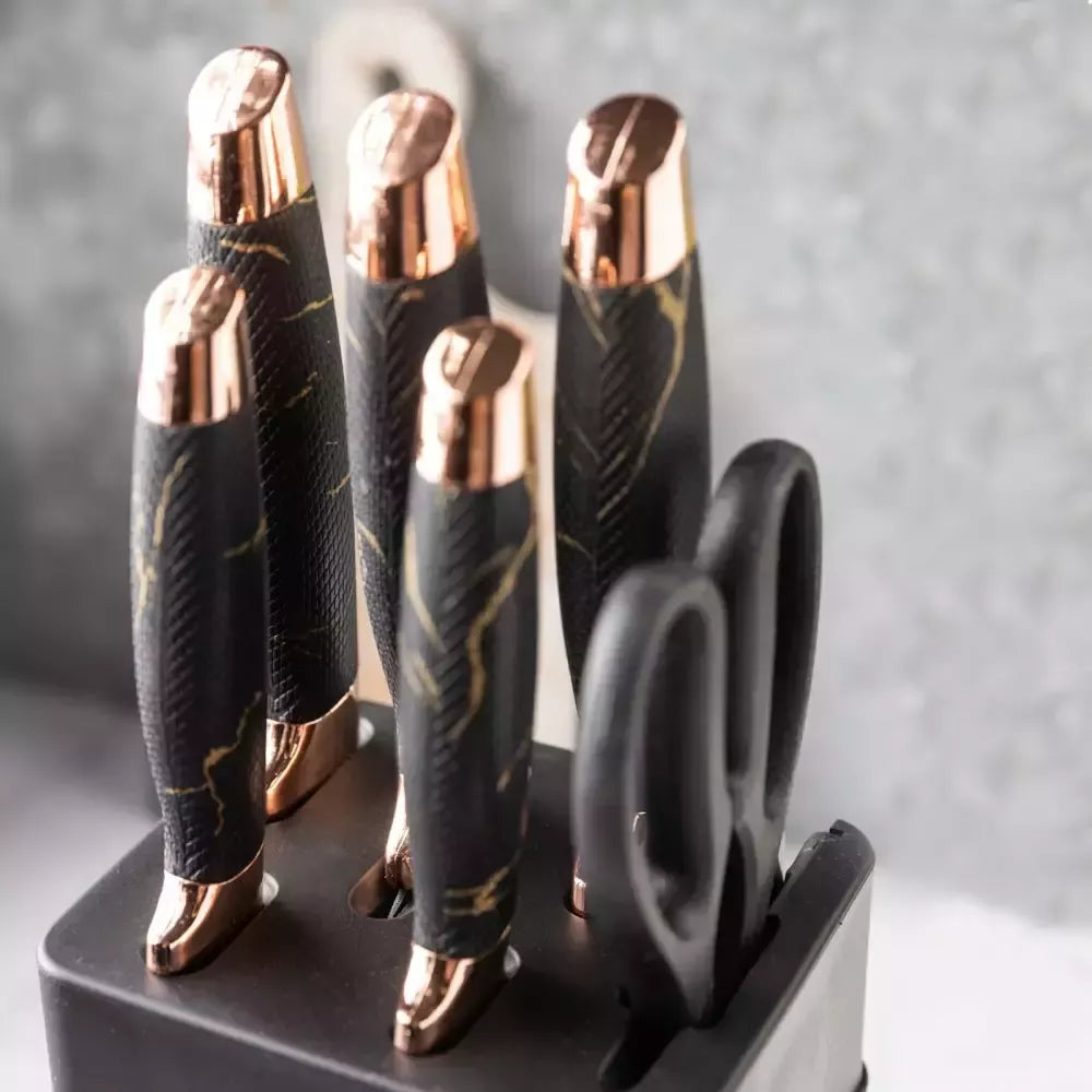 Klausberg virtuvinių peilių rinkinys su stovu ir žirklėmis, 6 dalių, juodas su rudos spalvos elementais KB-7770