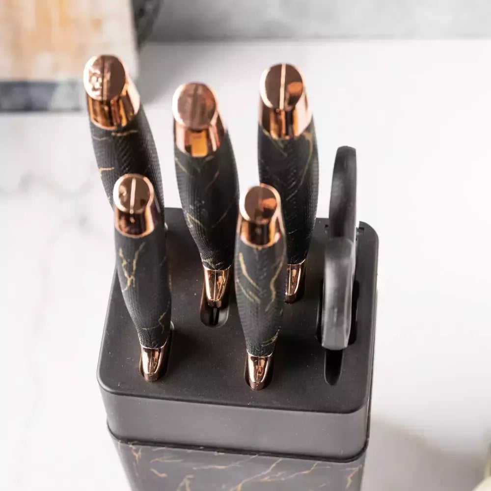 Klausberg virtuvinių peilių rinkinys su stovu ir žirklėmis, 6 dalių, juodas su rudos spalvos elementais KB-7770