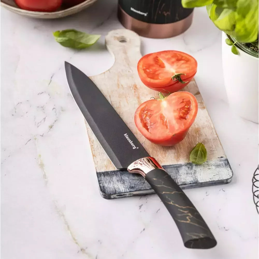 Klausberg virtuvinių peilių rinkinys su stovu, 5 dalių, juodas su rudos spalvos elementais KB-7799