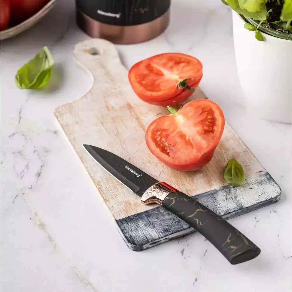 Klausberg virtuvinių peilių rinkinys su stovu, 5 dalių, juodas su rudos spalvos elementais KB-7799