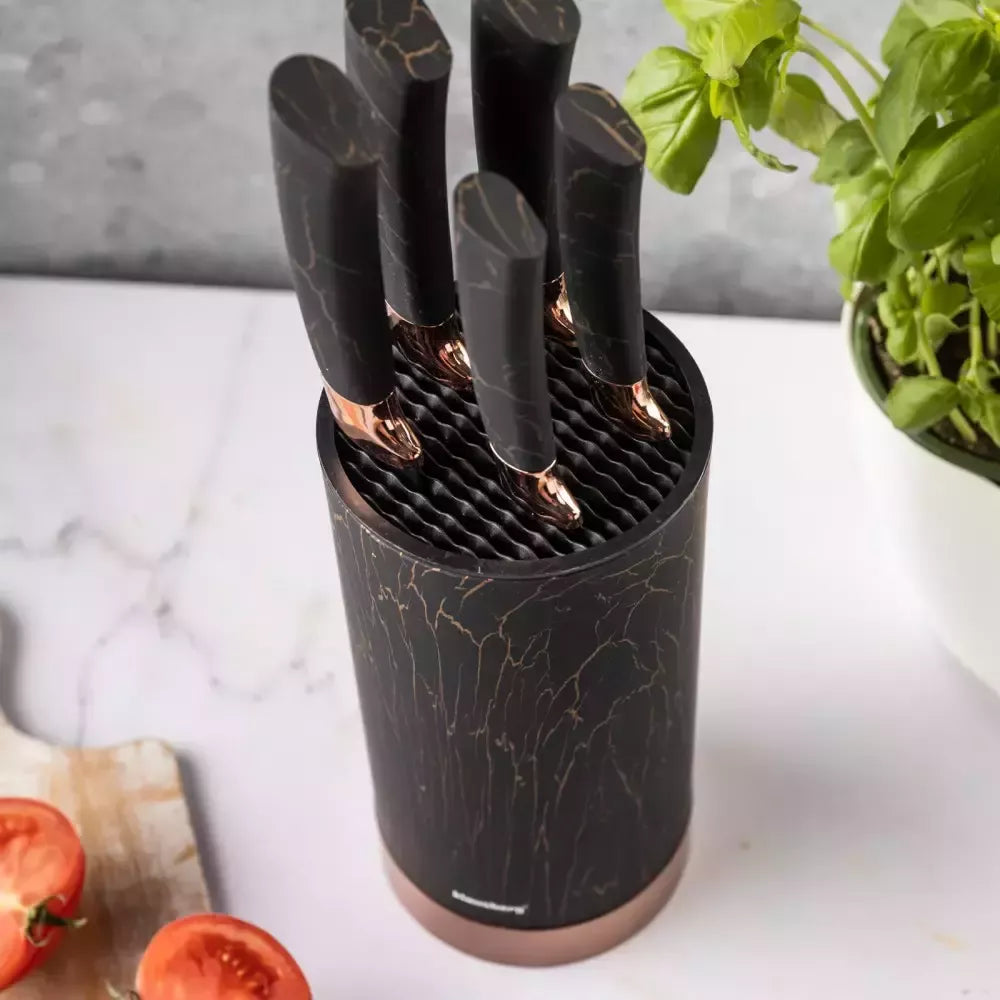 Klausberg virtuvinių peilių rinkinys su stovu, 5 dalių, juodas su rudos spalvos elementais KB-7799