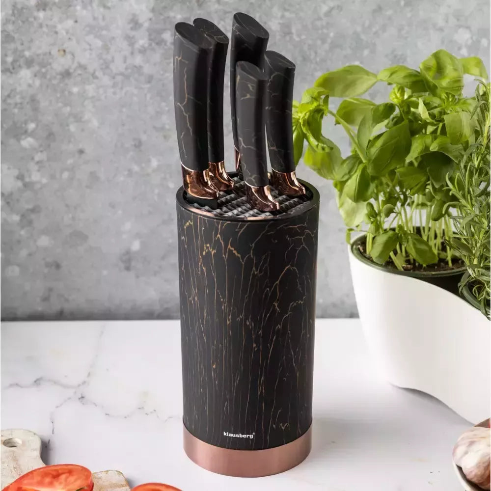 Klausberg virtuvinių peilių rinkinys su stovu, 5 dalių, juodas su rudos spalvos elementais KB-7799