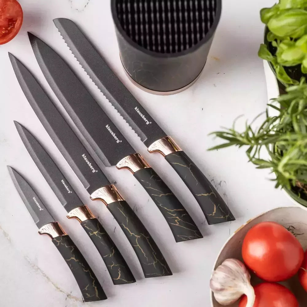 Klausberg virtuvinių peilių rinkinys su stovu, 5 dalių, juodas su rudos spalvos elementais KB-7799