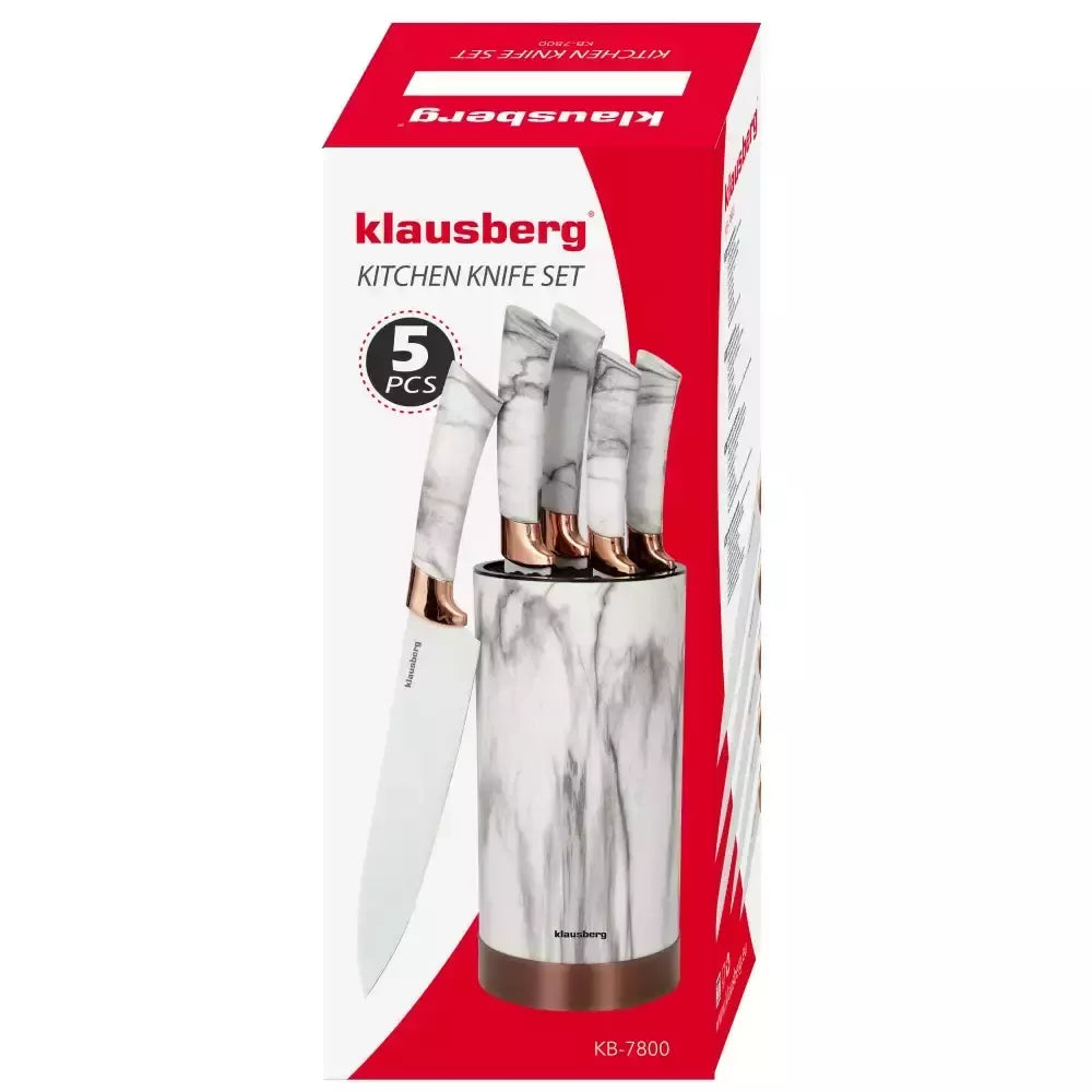 Klausberg virtuvinių peilių rinkinys su stoveliu, 5 vnt., baltas su rudu raštu KB-7800
