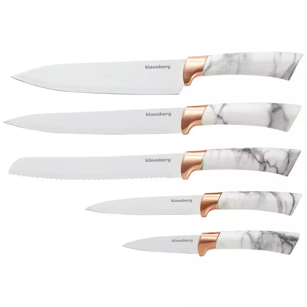 Klausberg virtuvinių peilių rinkinys su stoveliu, 5 vnt., baltas su rudu raštu KB-7800