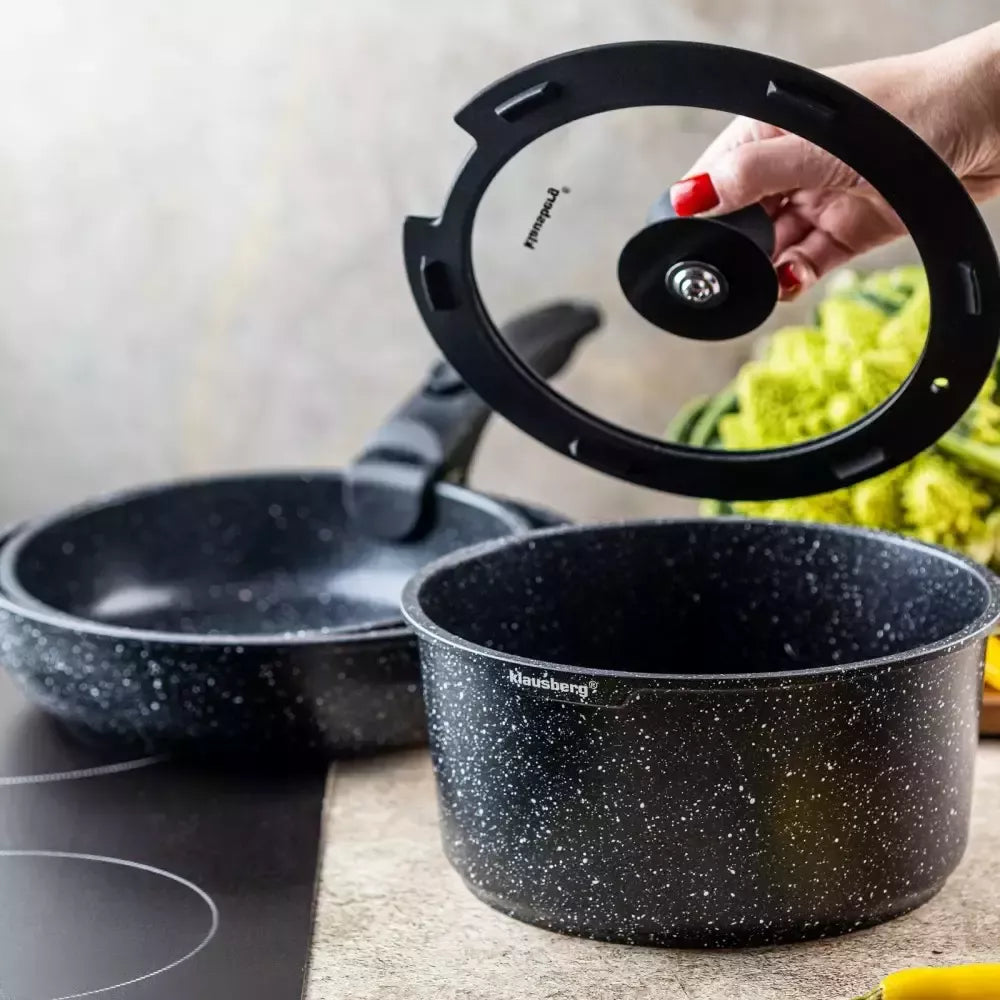 Klausberg puodų ir keptuvių rinkinys su nuimama rankena 5 dalių marmuro danga KB-7858