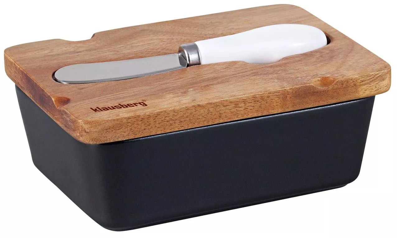 Klausberg keraminė sviestinė su akacijos dangčiu ir peiliuku, juoda KB-7784
